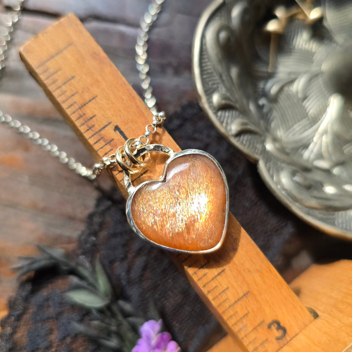 SUNSTONE HEART Necklace | Handcrafted Mixed Metal 925 Sterling Silver & 14k Gold Filled Rainbow Lattice Sparkling Sunstone Heart Pendant