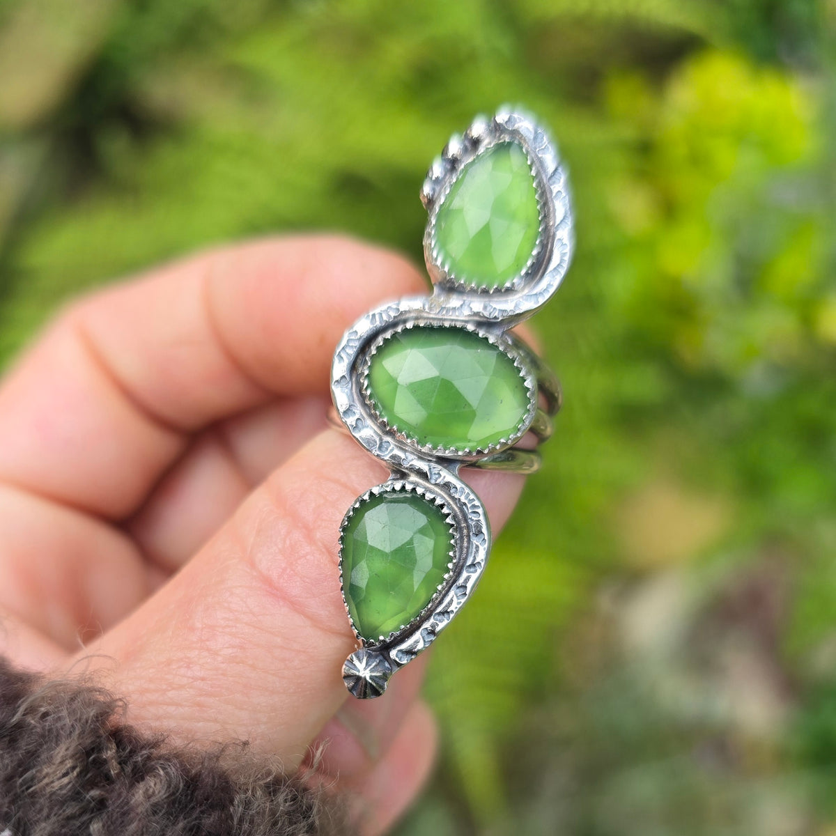 SERPENTINE Ring | Handcrafted 925 Sterling Silver Rose Cut Faceted Natural Green Serpentine Tribal Sun Snake Vertical Serpent Finger Ring