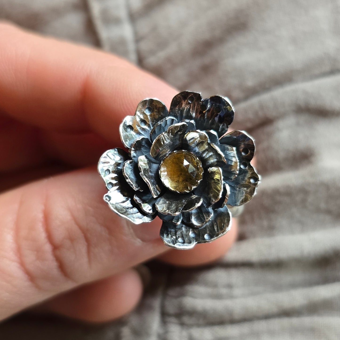 CITRINE FLOWER Ring | 925 Sterling Silver Rose Cut Citrine Large Flower Antique Oxidized Statement Ring