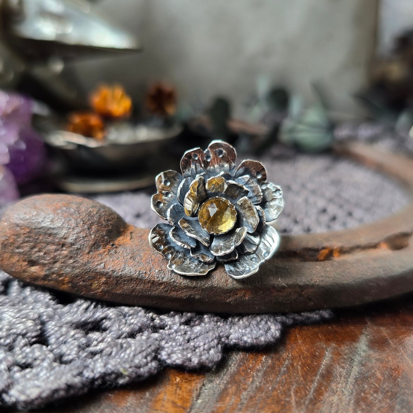 CITRINE FLOWER Ring | 925 Sterling Silver Rose Cut Citrine Large Flower Antique Oxidized Statement Ring