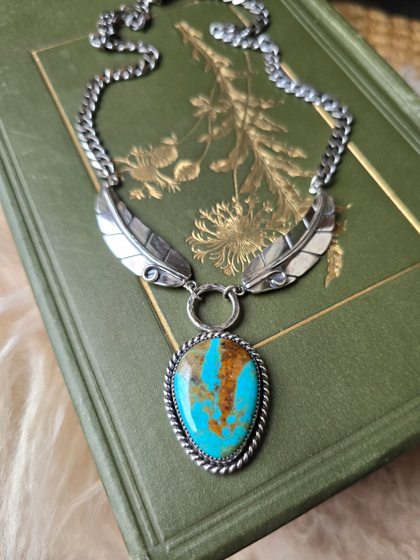 TURQUOISE Curb Chain Plume Necklace | Handcrafted 925 Sterling Silver Genuine Untreated Redweb Kingman Turquoise Feather Pendant