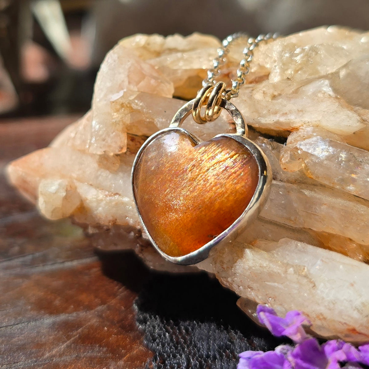 SUNSTONE HEART Necklace | Handcrafted Mixed Metal 925 Sterling Silver & 14k Gold Filled Rainbow Lattice Sparkling Sunstone Heart Pendant