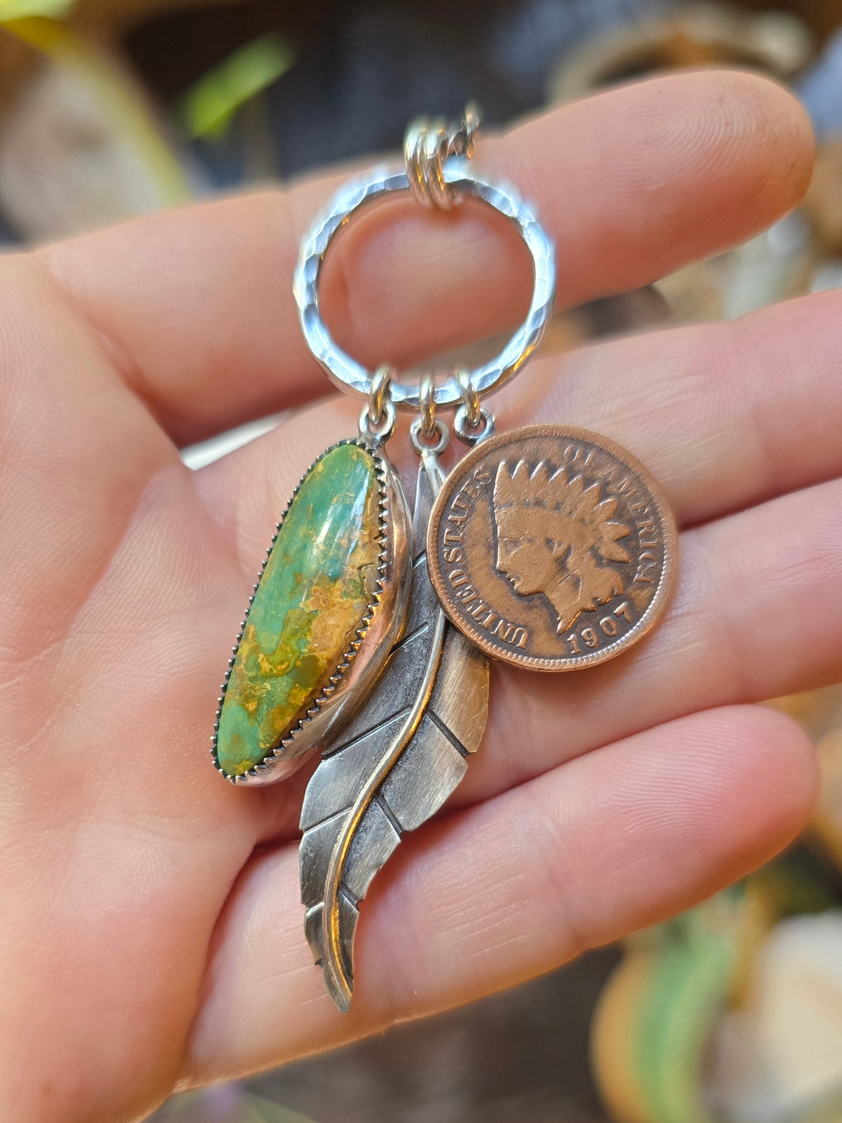 TURQUOISE INDIAN FEATHER Charm Necklace | Hancrafted Sterling Silver Stone Mountain Geniune Crescent Moon Turquoise Authentic Copper 1907