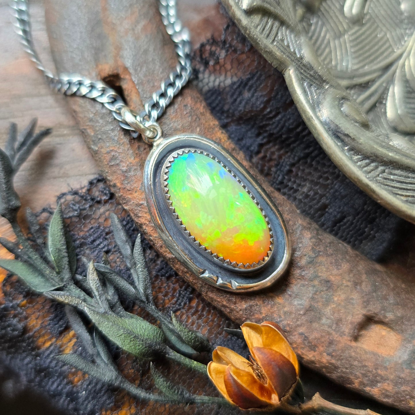OPAL Necklace | Genuine Ethiopian Welo Opal 8 Carat Handcrafted 925 Sterling Silver High Dome Opal Pendant
