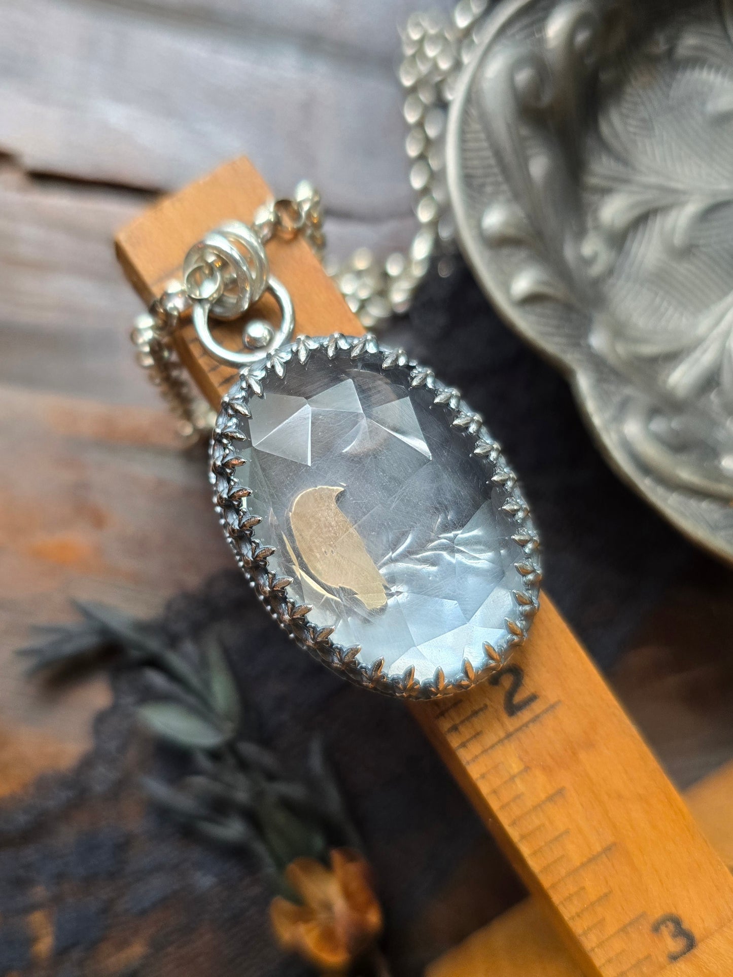 QUARTZ RAVEN CRESCENT Pendant Necklace | 925 Sterling Silver Rose Cut Faceted Natural Clear Crystal Quartz Large Fleur-De-Lis Gallery Bezel
