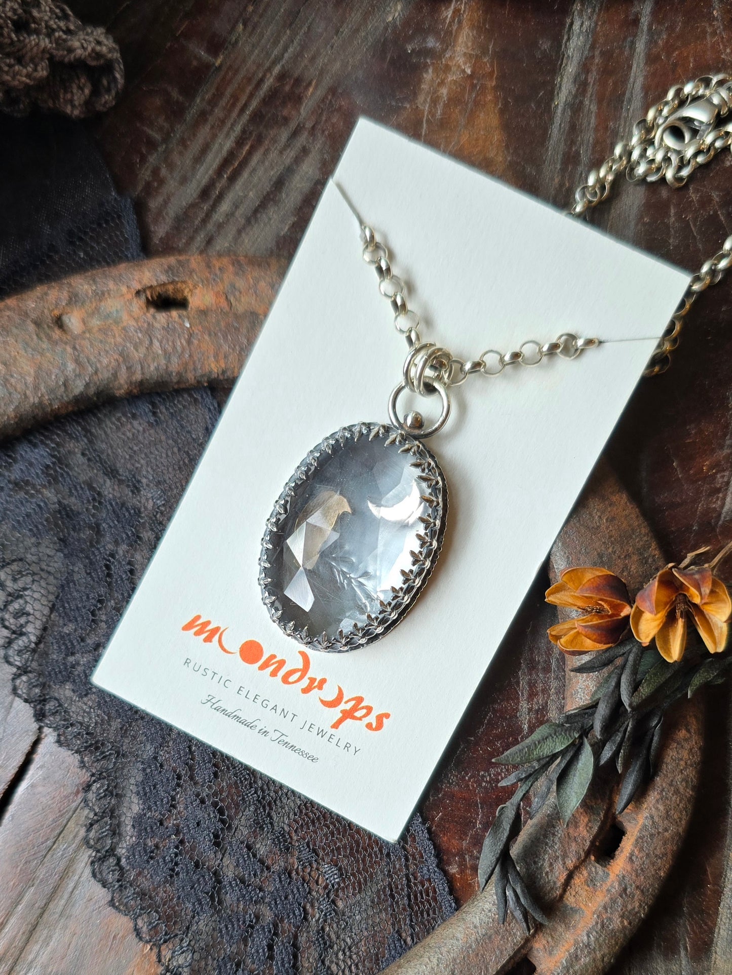 QUARTZ RAVEN CRESCENT Pendant Necklace | 925 Sterling Silver Rose Cut Faceted Natural Clear Crystal Quartz Large Fleur-De-Lis Gallery Bezel