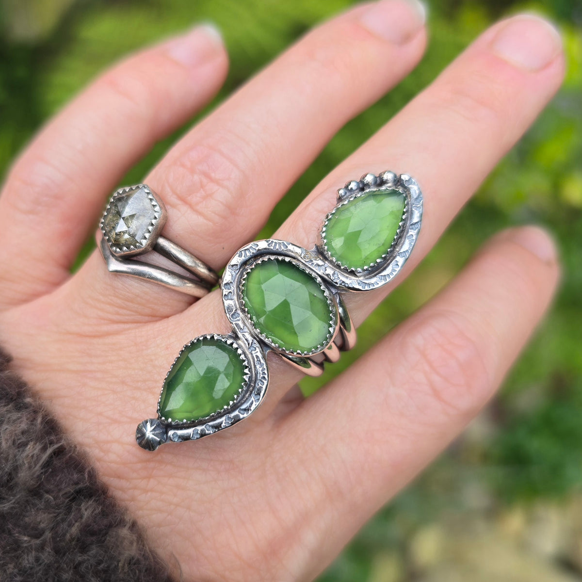 SERPENTINE Ring | Handcrafted 925 Sterling Silver Rose Cut Faceted Natural Green Serpentine Tribal Sun Snake Vertical Serpent Finger Ring