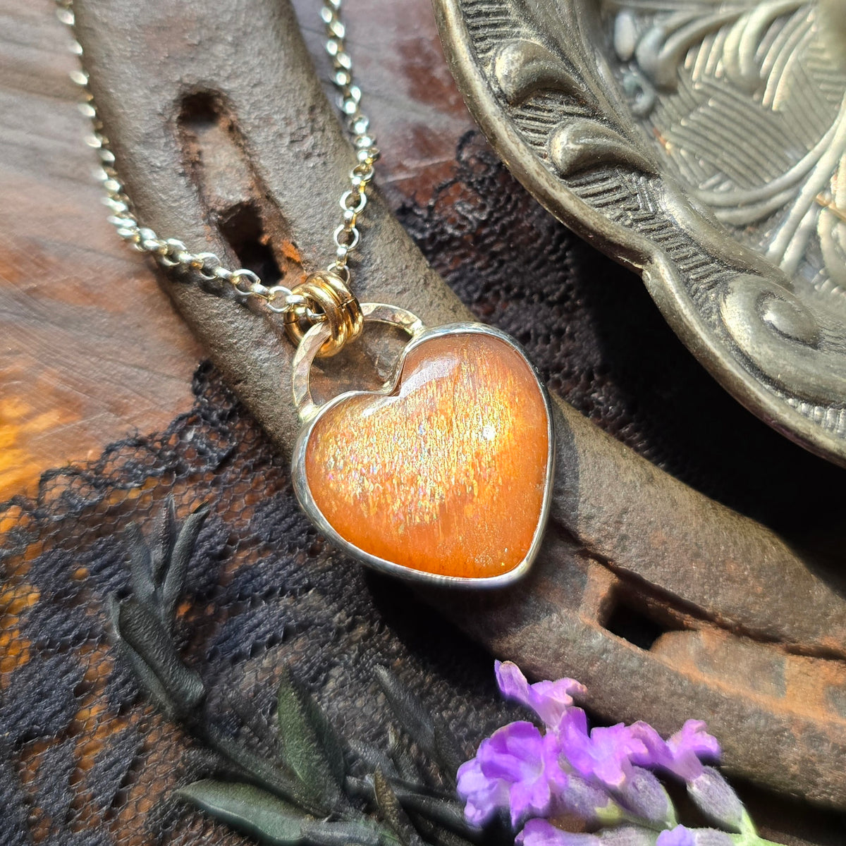 SUNSTONE HEART Necklace | Handcrafted Mixed Metal 925 Sterling Silver & 14k Gold Filled Rainbow Lattice Sparkling Sunstone Heart Pendant