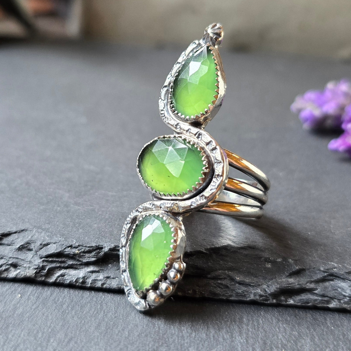 SERPENTINE Ring | Handcrafted 925 Sterling Silver Rose Cut Faceted Natural Green Serpentine Tribal Sun Snake Vertical Serpent Finger Ring