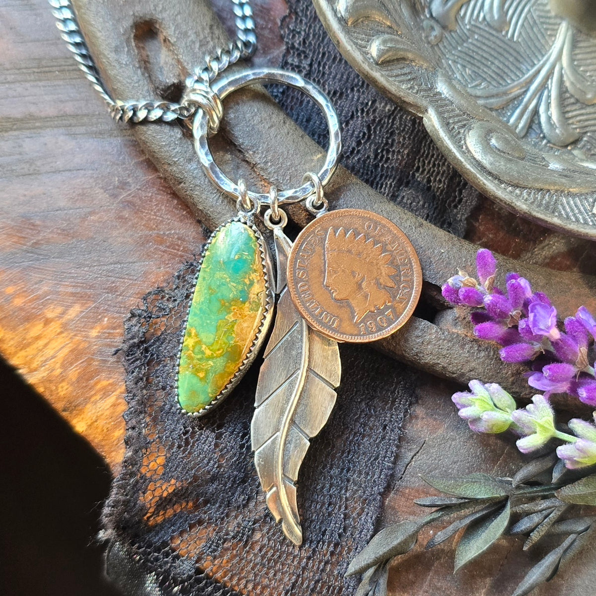 TURQUOISE INDIAN FEATHER Charm Necklace | Hancrafted Sterling Silver Stone Mountain Geniune Crescent Moon Turquoise Authentic Copper 1907