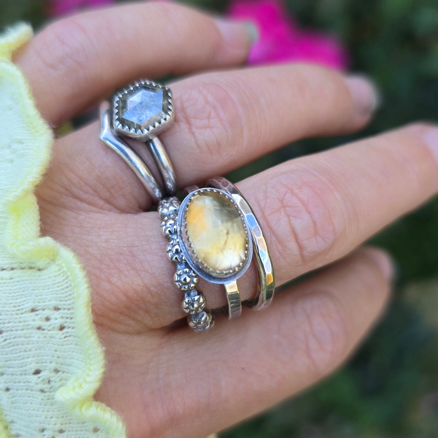 CITRINE Ring Stack | 925 Sterling Silver Rose Cut Faceted Genuine Earth Mined Natural Citrine Chunky Daisy Band Stacking Rings Set of Three