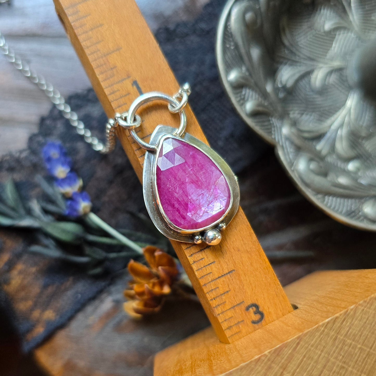 RUBY Necklace | Silky Sheen Rose Cut Faceted Natural Untreated Genuine 925 Sterling Silver Ruby Pendant Necklace