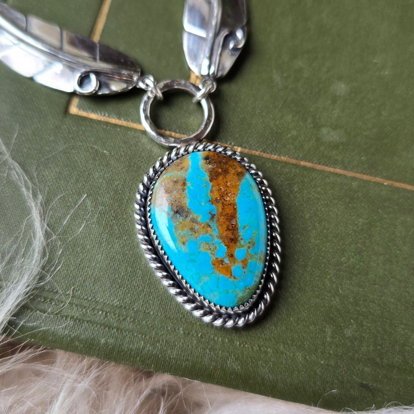 TURQUOISE Curb Chain Plume Necklace | Handcrafted 925 Sterling Silver Genuine Untreated Redweb Kingman Turquoise Feather Pendant