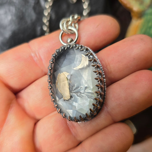 QUARTZ RAVEN CRESCENT Pendant Necklace | 925 Sterling Silver Rose Cut Faceted Natural Clear Crystal Quartz Large Fleur-De-Lis Gallery Bezel