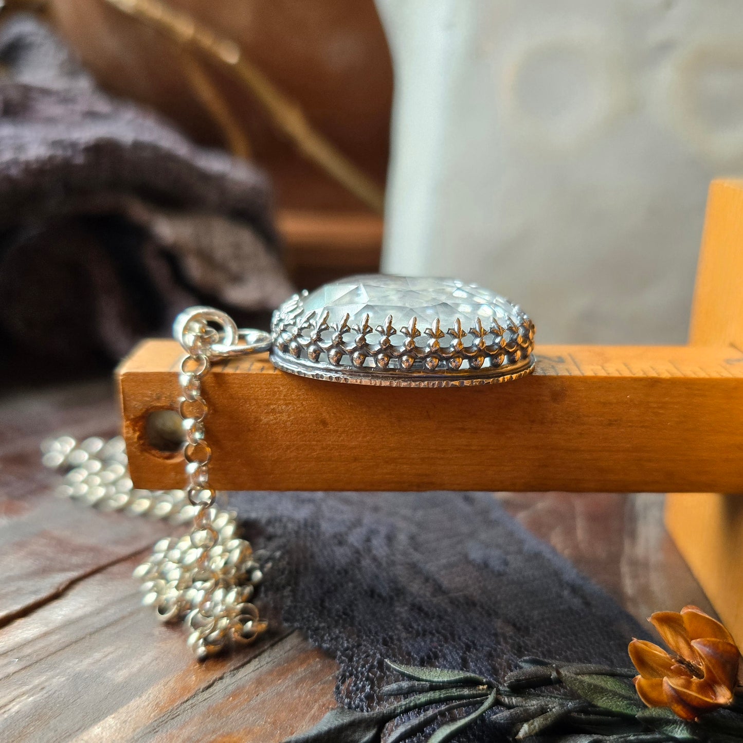 QUARTZ RAVEN CRESCENT Pendant Necklace | 925 Sterling Silver Rose Cut Faceted Natural Clear Crystal Quartz Large Fleur-De-Lis Gallery Bezel