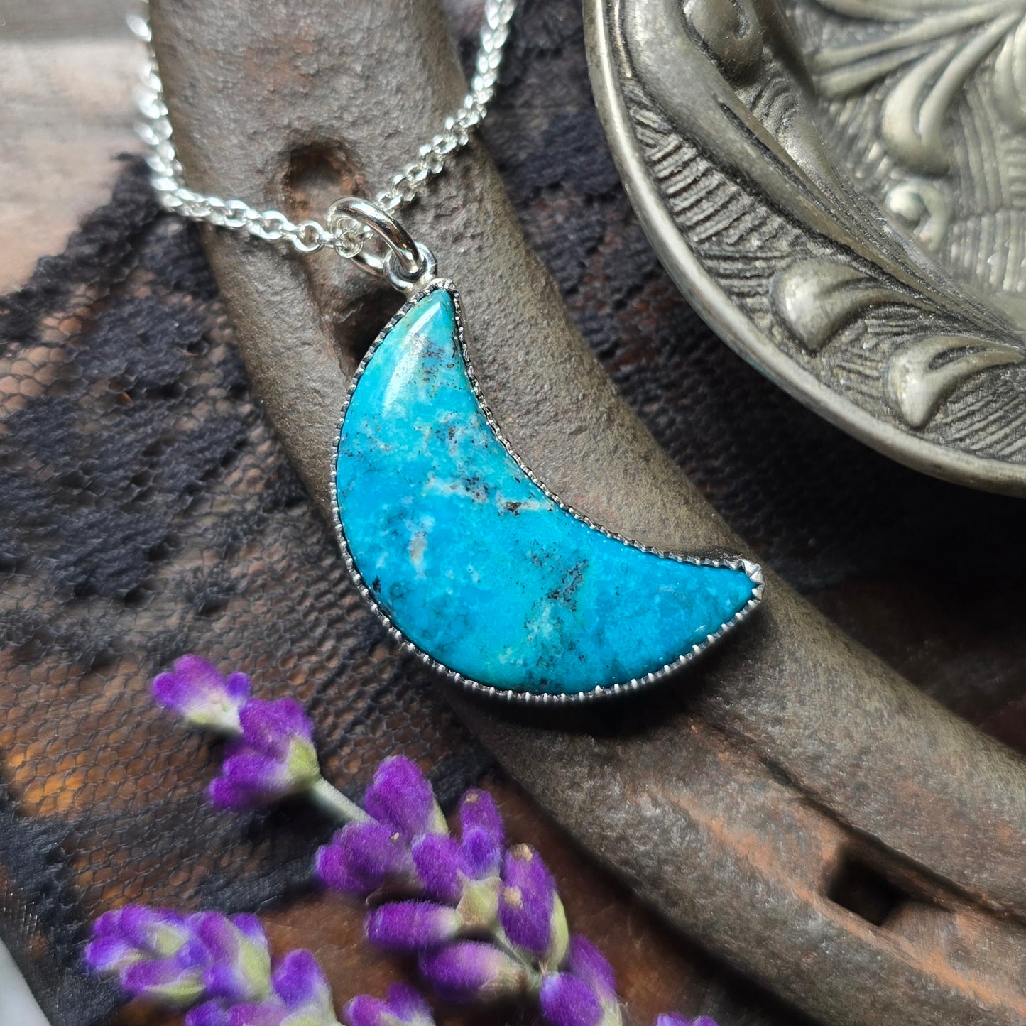 TURQUOISE CRESCENT MOON Necklace | Handcrafted 925 Sterling Silver Natural Untreated Kingman Arizona American Earth Mined Turquoise Pendant