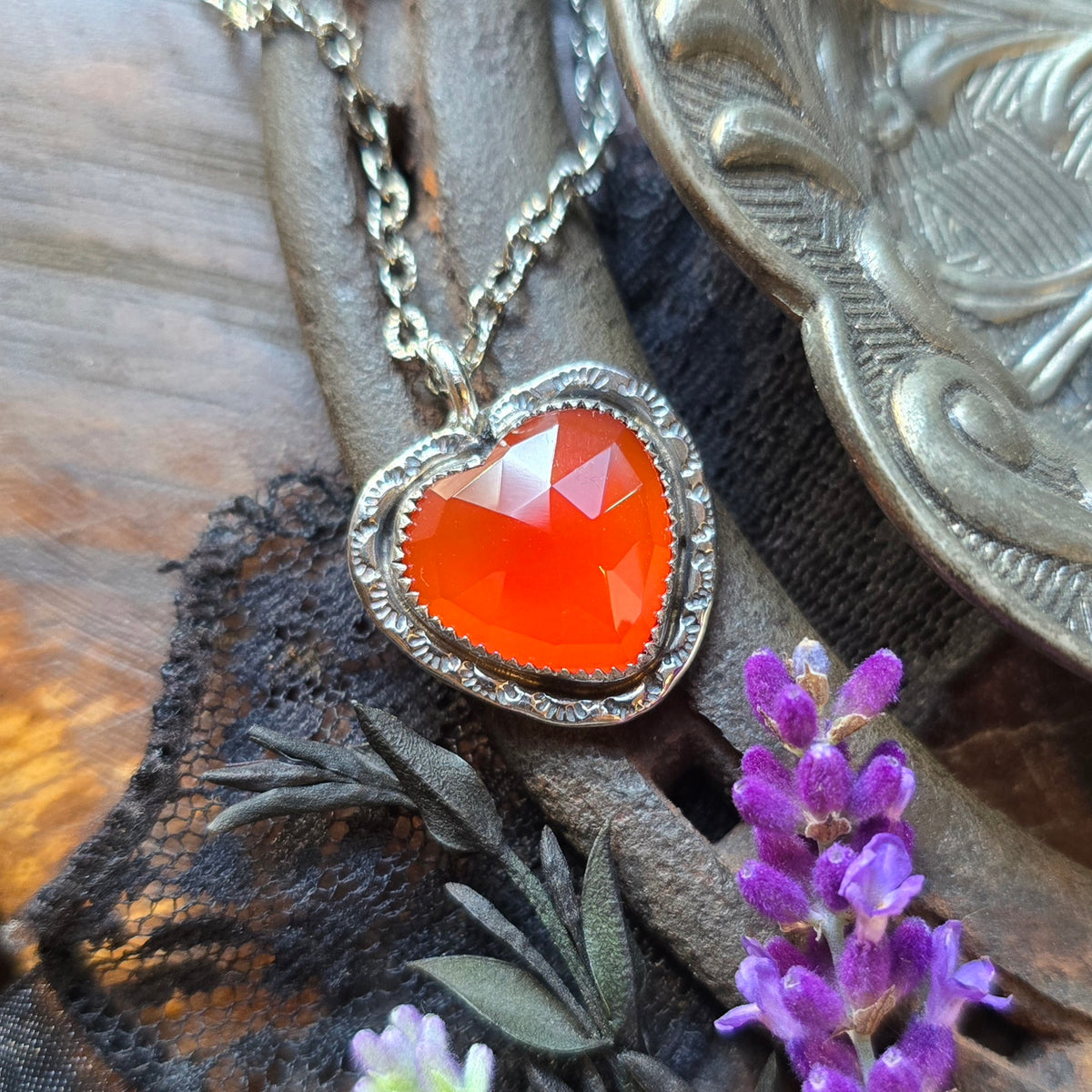 CARNELIAN HEART Necklace | Handcrafted 925 Sterling Silver Faceted Rose Cut Natural Carnelian Heart Pendant