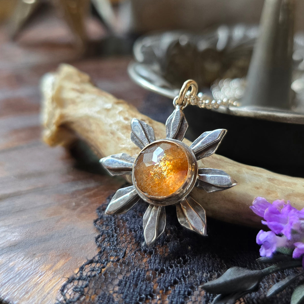 SUNSTONE SUN Necklace | Handcrafted Mixed Metal 925 Sterling Silver & 14k Gold Filled Golden Reflective Schiller Sparkling Sunstone