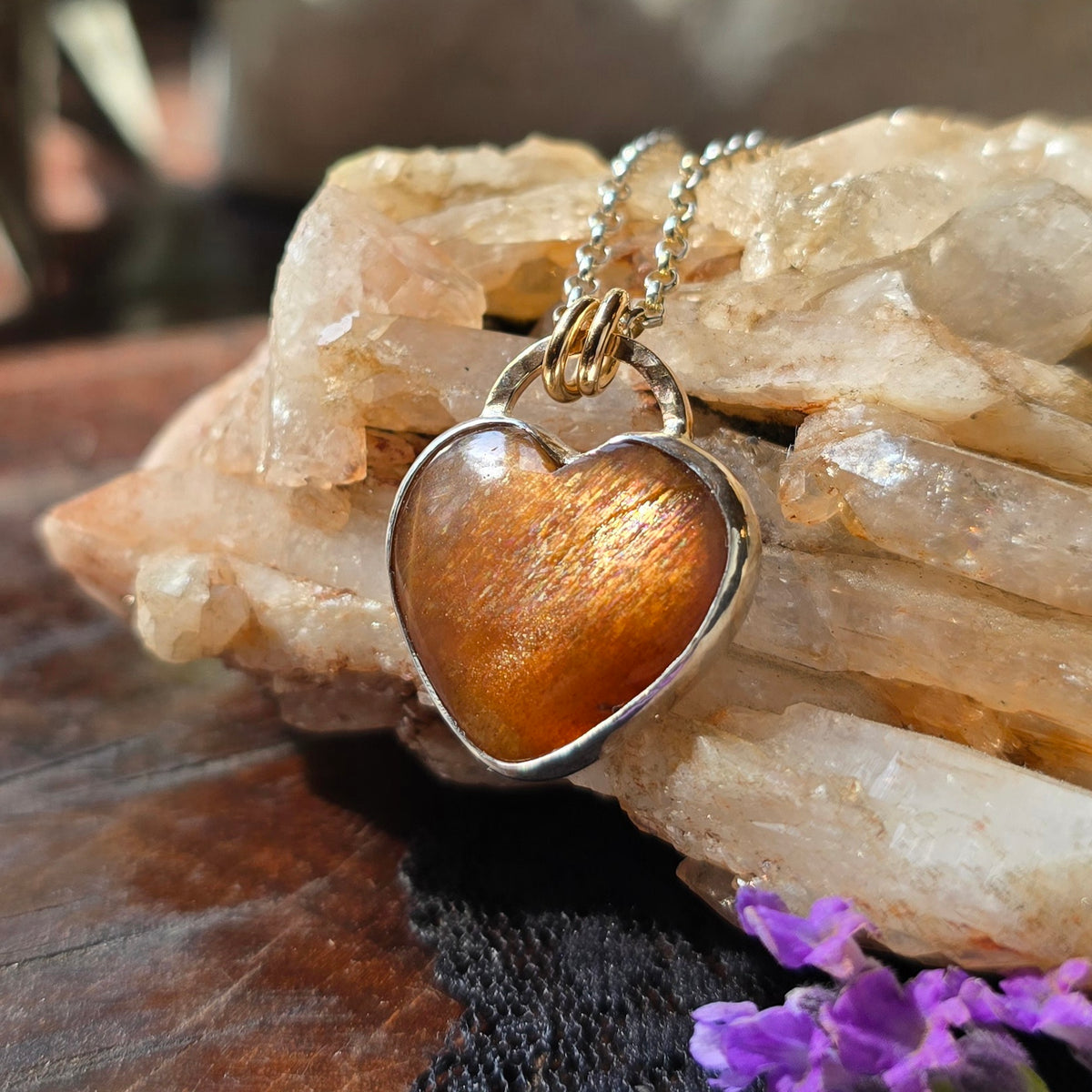 SUNSTONE HEART Necklace | Handcrafted Mixed Metal 925 Sterling Silver & 14k Gold Filled Rainbow Lattice Sparkling Sunstone Heart Pendant