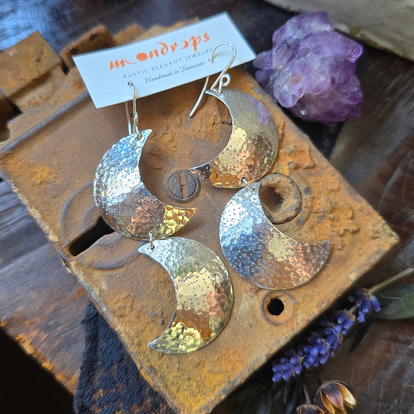 CRESCENT MOON Dangle Earrings  | 925 Sterling Silver Double Crescent Textured Hammered Moon Dangle Earrings