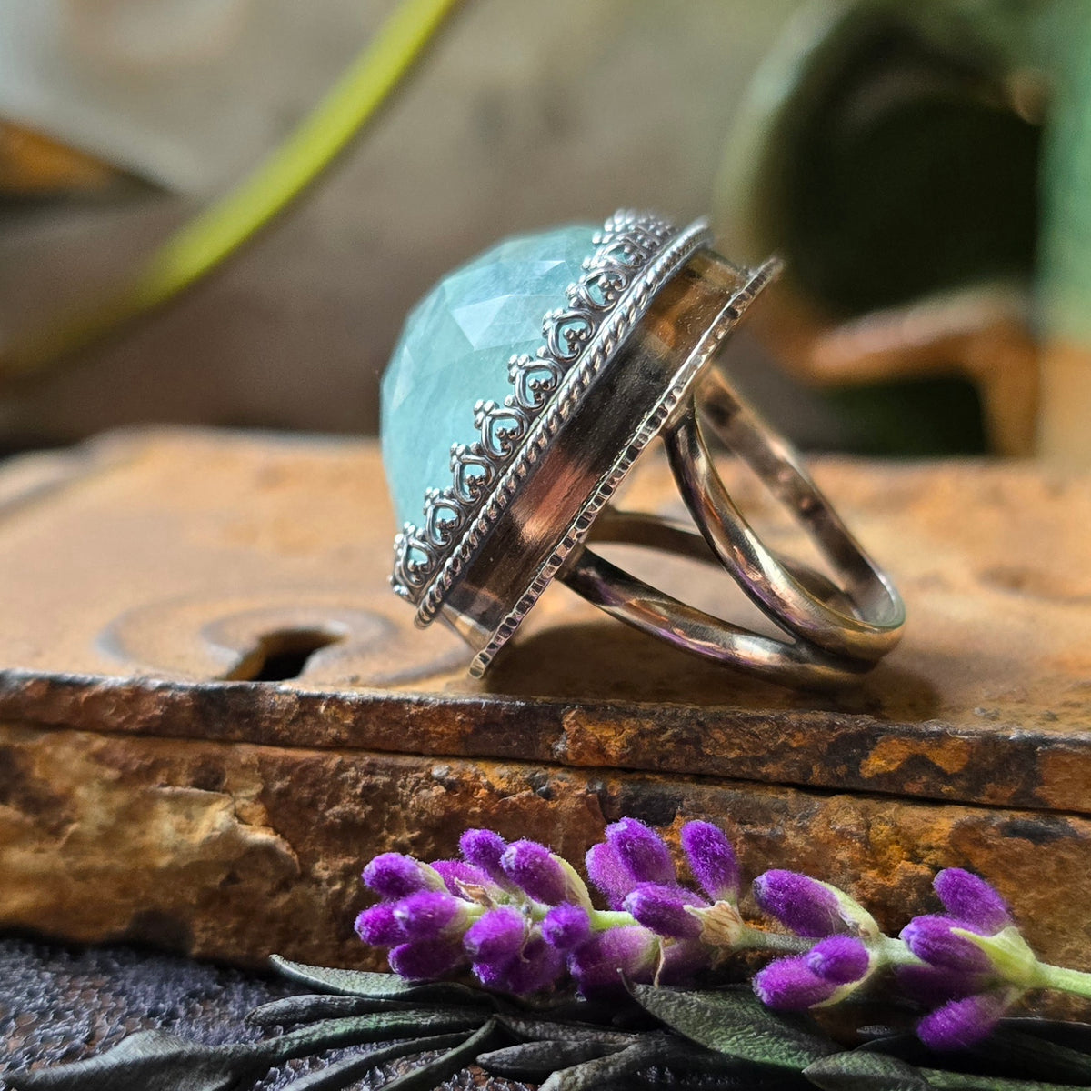 AQUAMARINE Ring | 62 Cts Handcrafted 925 Sterling Silver Large Rose Cushion Cut Faceted Blue Beryl Square High Profile Cocktail Statement