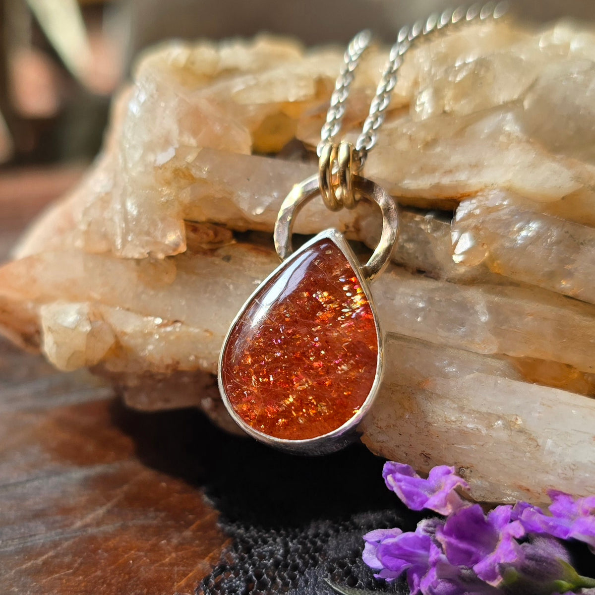 SUNSTONE DROP Necklace | Handcrafted Mixed Metal 925 Sterling Silver & 14k Gold Filled Sparkling Sunstone Teardrop Pear Pendant Necklace
