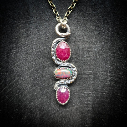 RUBY OPAL SNAKE Charmer Necklace | 925 Sterling Silver Rose Cut Faceted Ruby Smoke Welo Black Opal Tribal Serpent Pendant Necklace