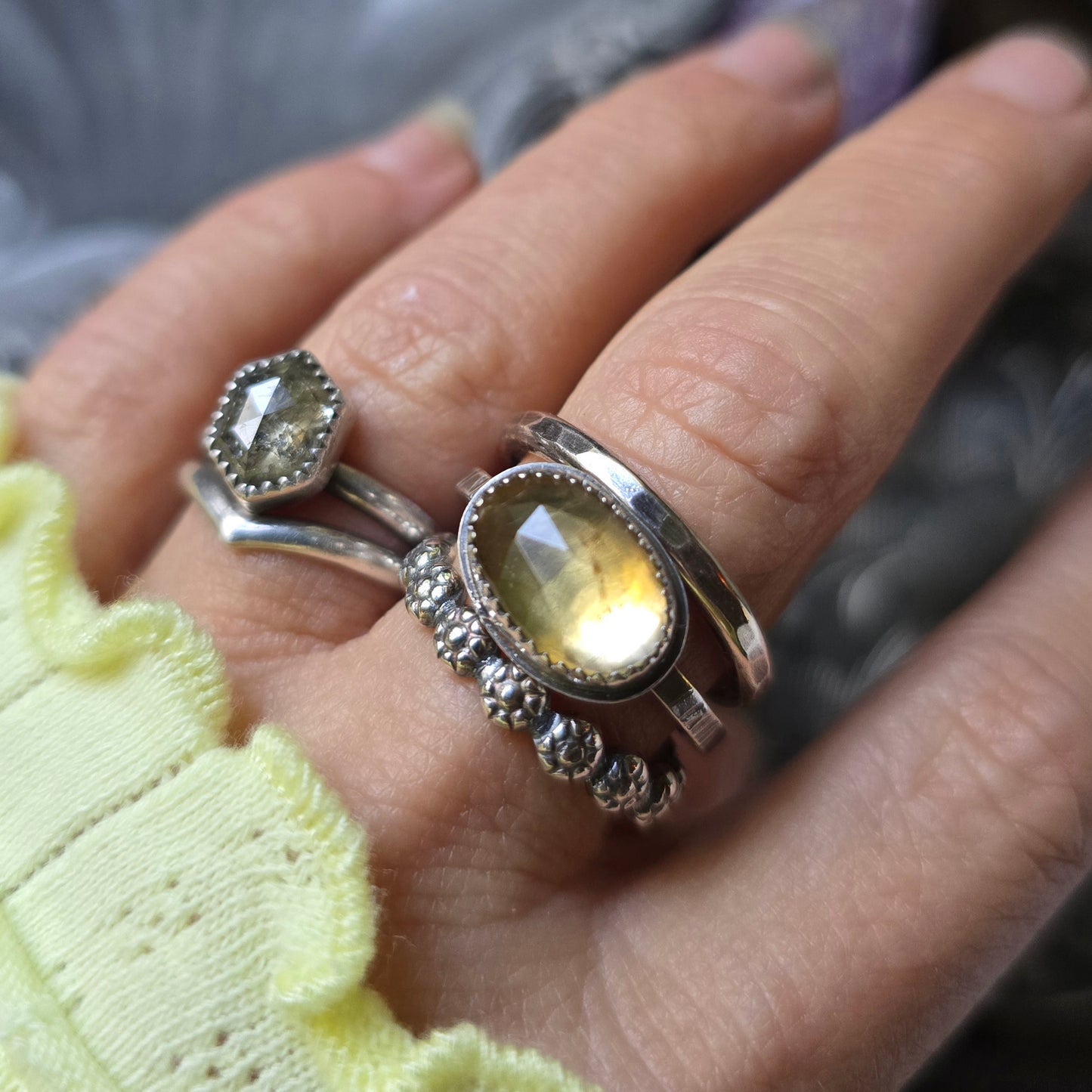 CITRINE Ring Stack | 925 Sterling Silver Rose Cut Faceted Genuine Earth Mined Natural Citrine Chunky Daisy Band Stacking Rings Set of Three