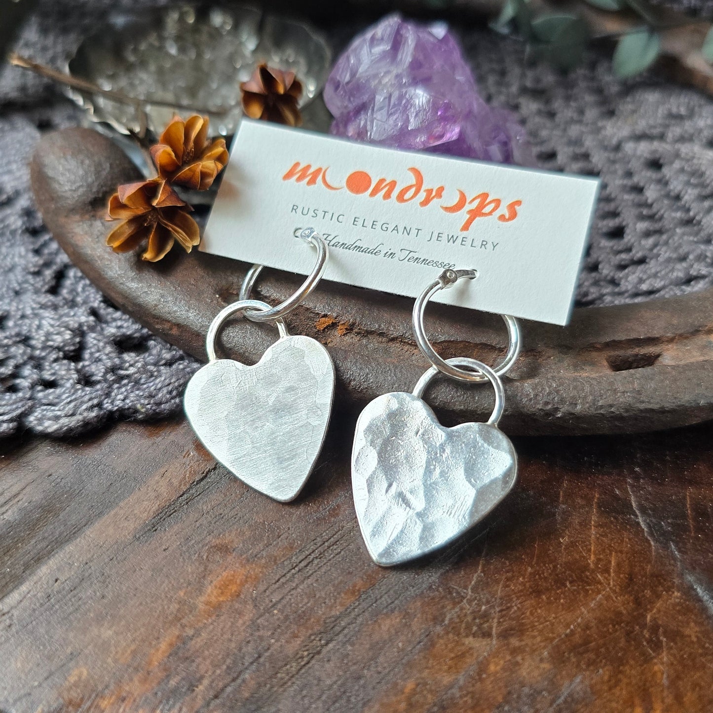HEART Dangle Hoops | Hammered Heart 925 Sterling Silver Latch Back Hoop Earrings