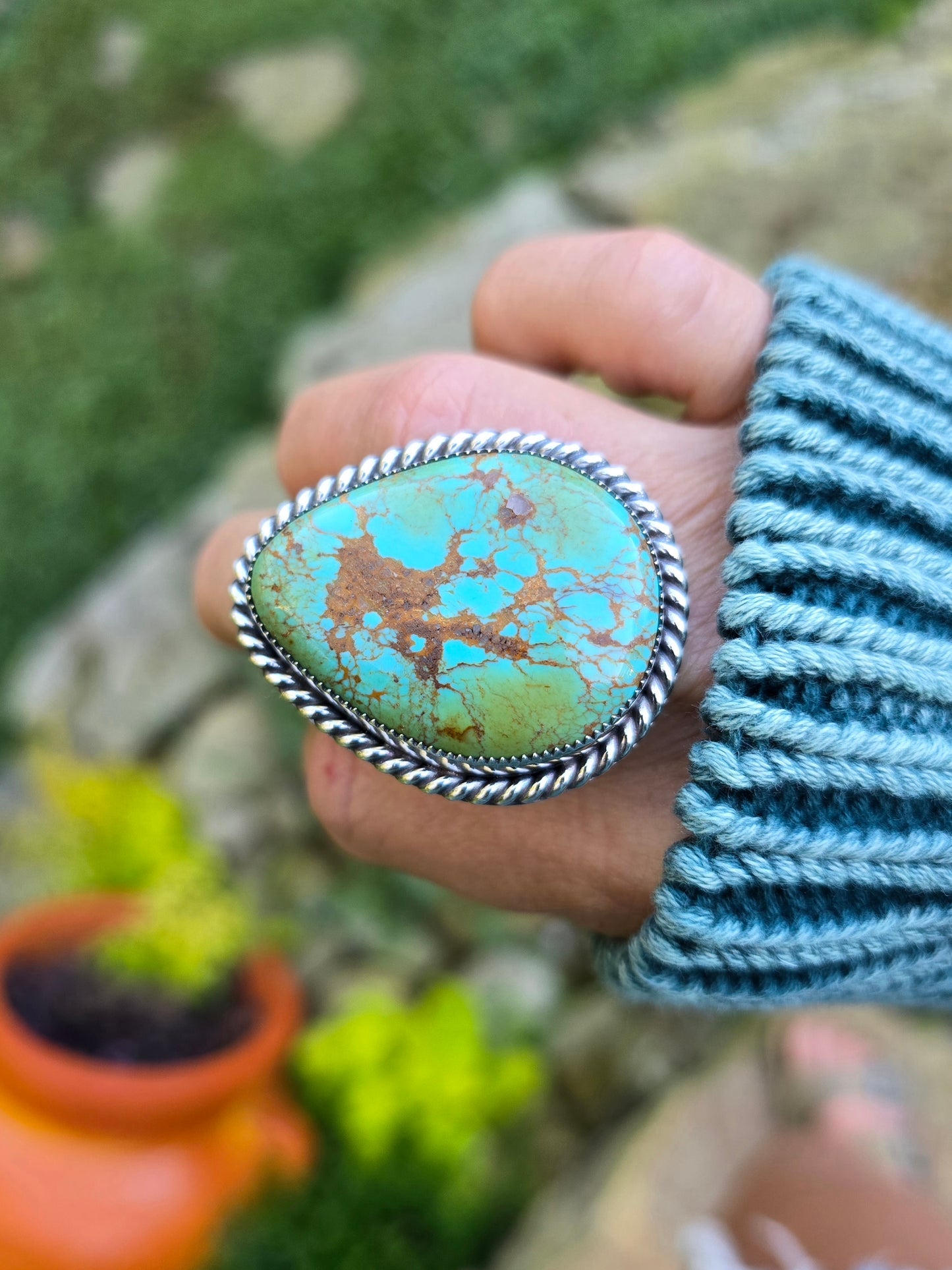 TURQUOISE Ring | Large American Mined Natural Kingman Arizona Blue Green Brown Matrix 925 Sterling Silver Statement Ring | Size 8.75 - 9.25