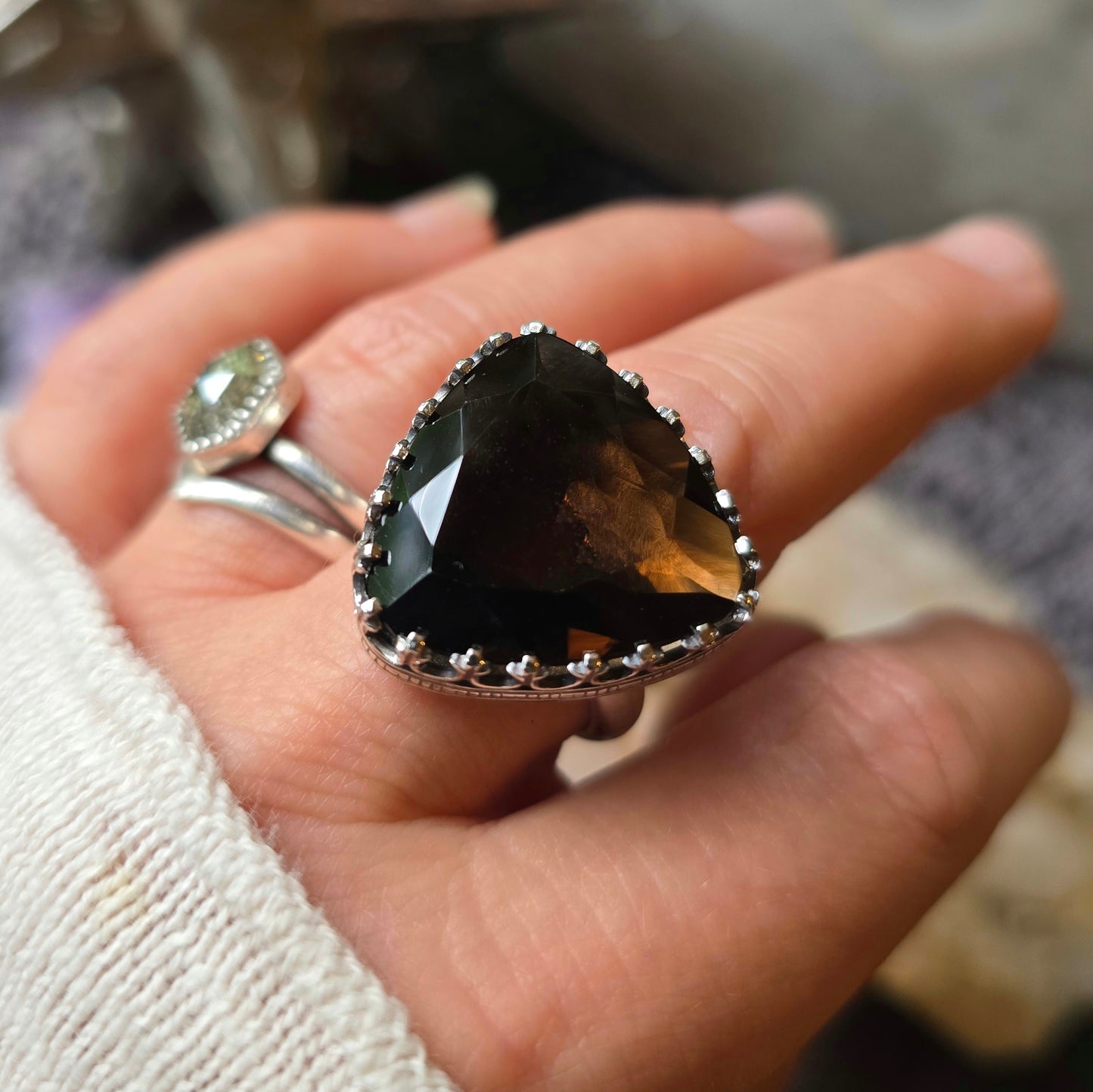 SMOKY QUARTZ Ring | Faceted Trillion Cut 925 Sterling Silver Fancy Filigree Victorian Gothic Rustic Gallery Bezel Large Statement Ring