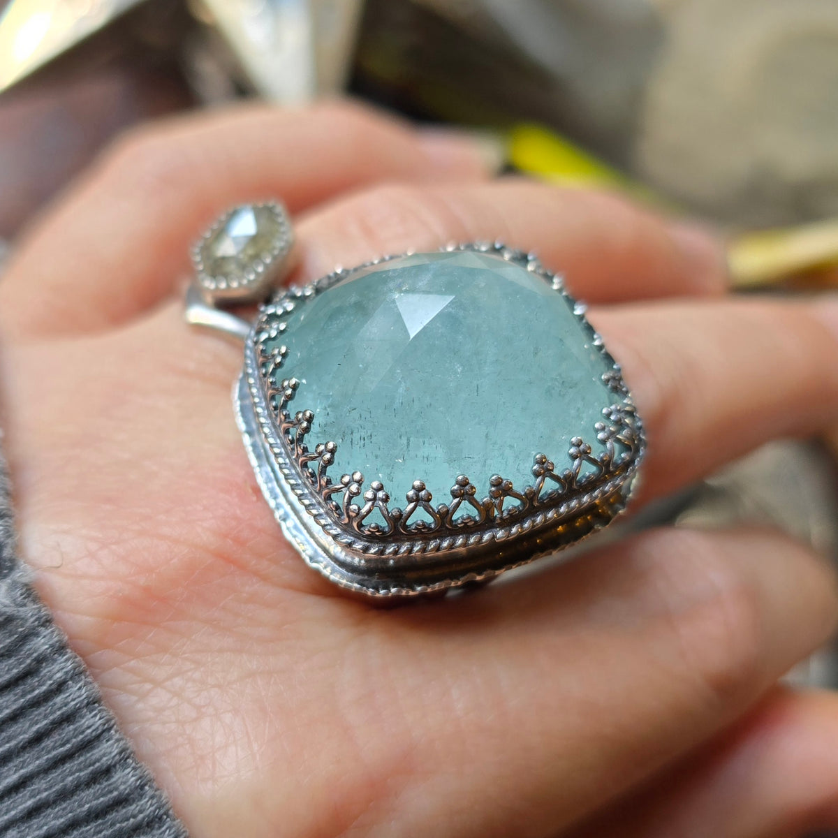 AQUAMARINE Ring | 62 Cts Handcrafted 925 Sterling Silver Large Rose Cushion Cut Faceted Blue Beryl Square High Profile Cocktail Statement