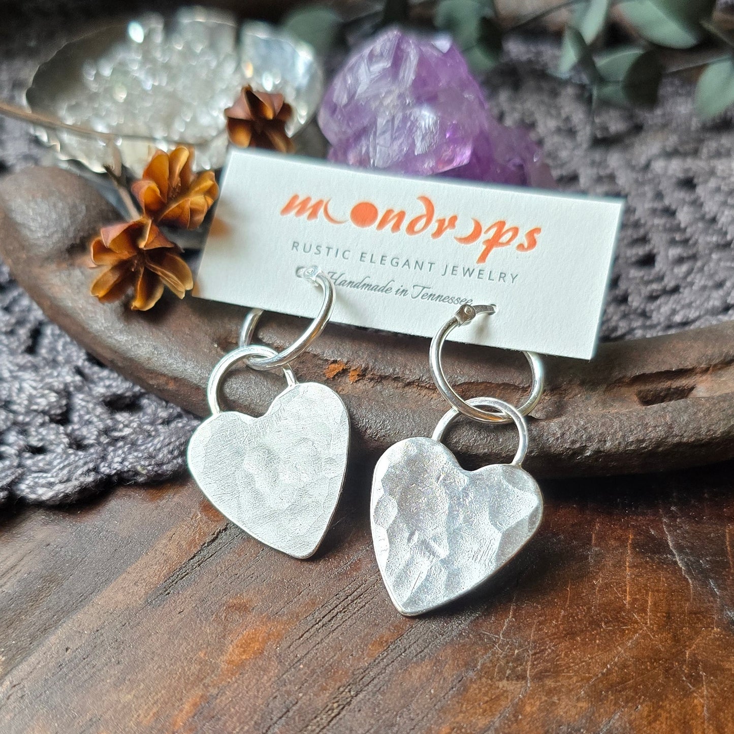 HEART Dangle Hoops | Hammered Heart 925 Sterling Silver Latch Back Hoop Earrings