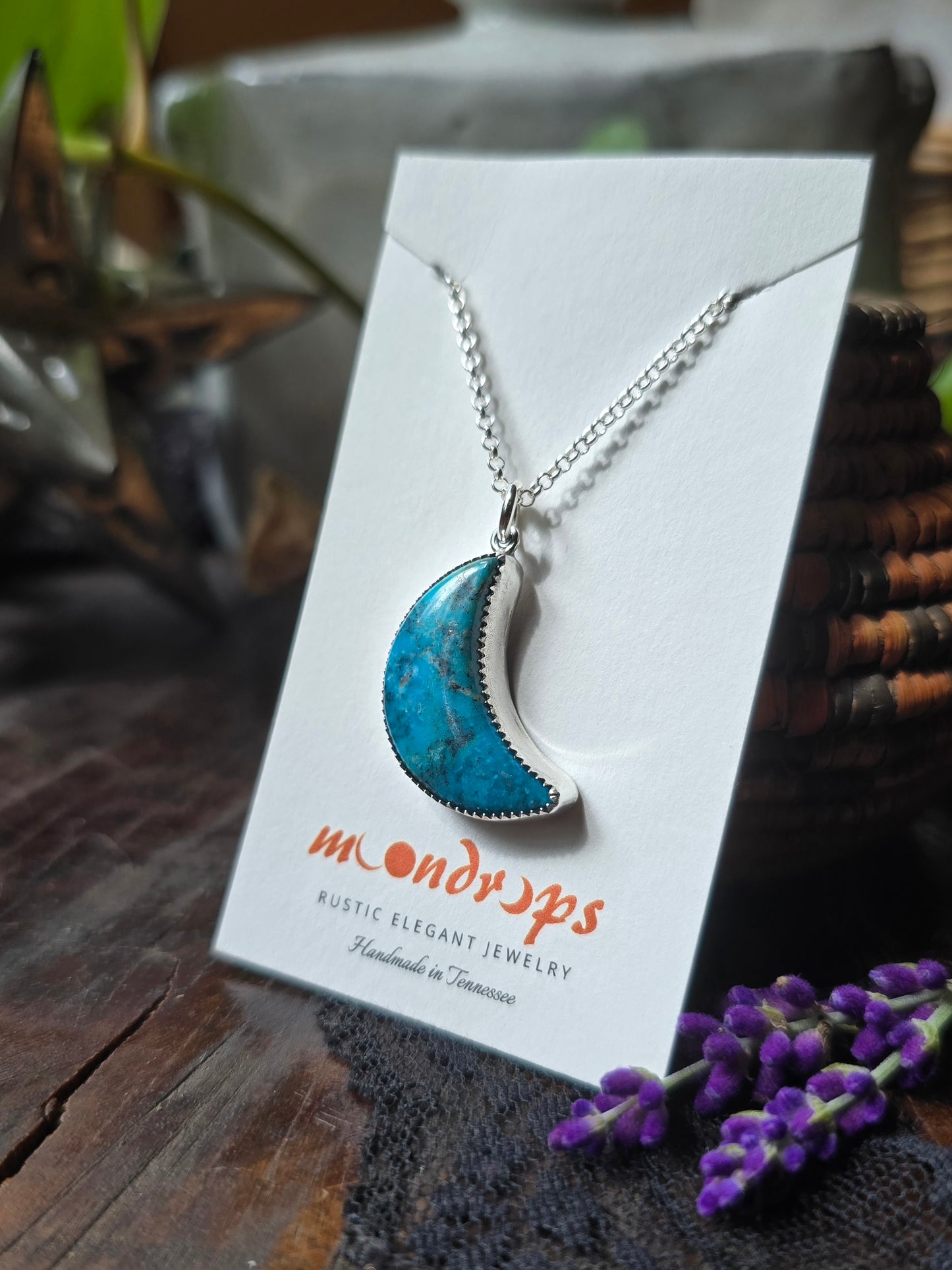 TURQUOISE CRESCENT MOON Necklace | Handcrafted 925 Sterling Silver Natural Untreated Kingman Arizona American Earth Mined Turquoise Pendant