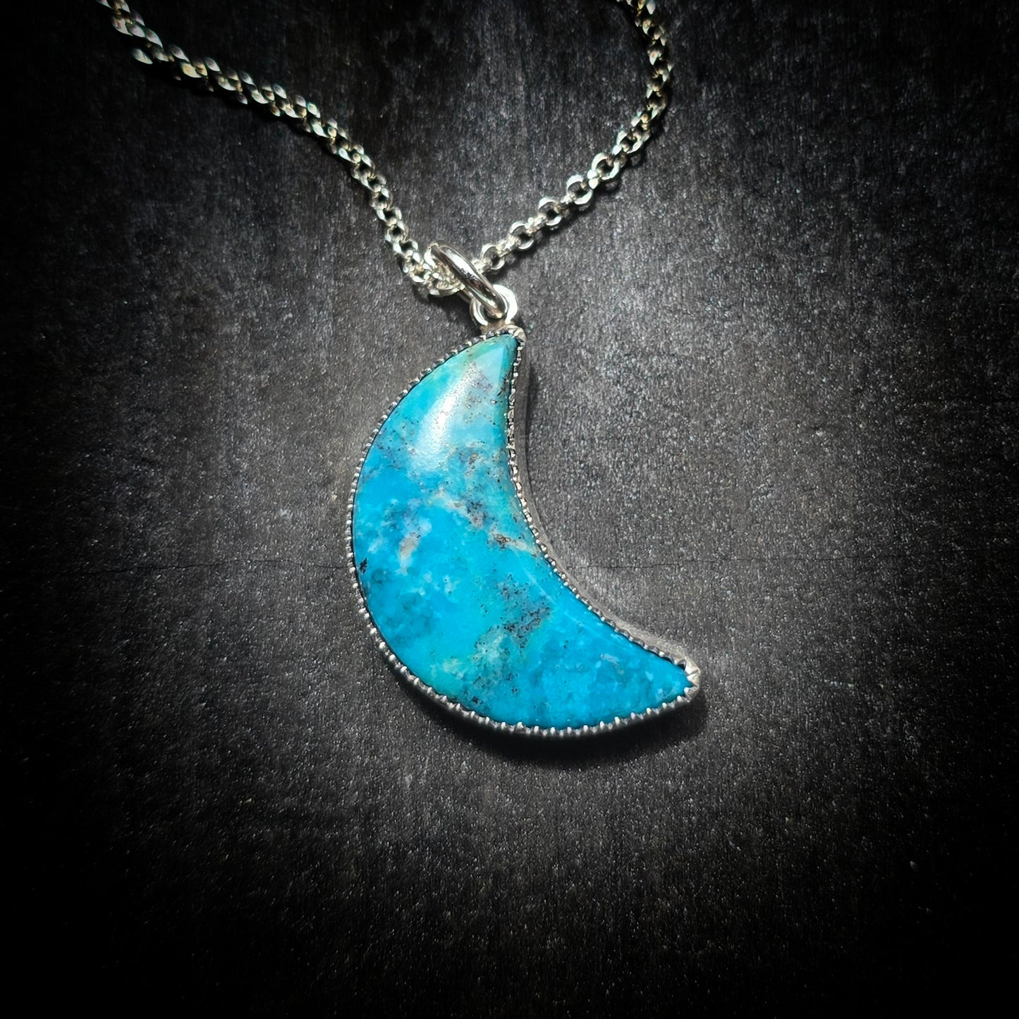 TURQUOISE CRESCENT MOON Necklace | Handcrafted 925 Sterling Silver Natural Untreated Kingman Arizona American Earth Mined Turquoise Pendant