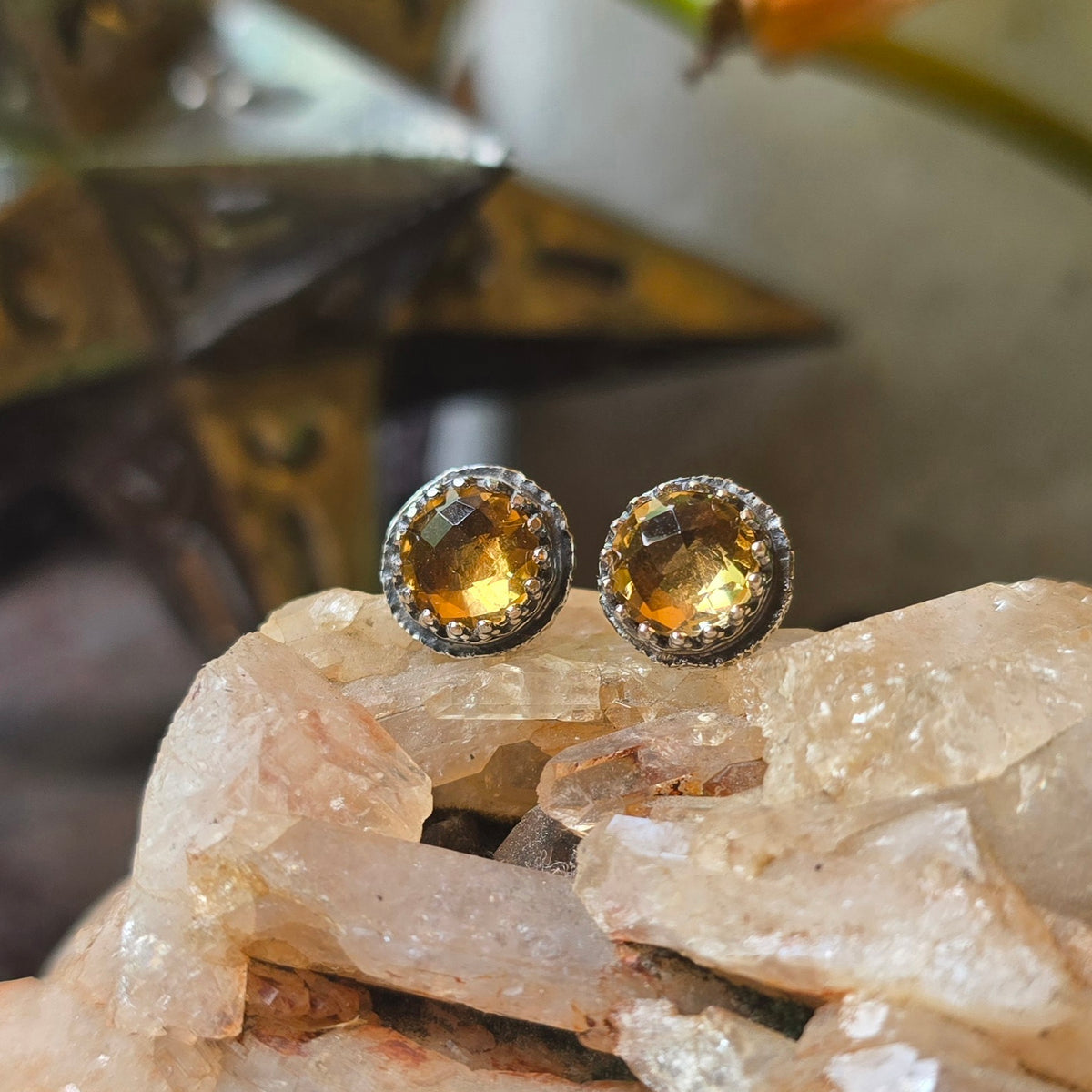CITRINE Ear Studs | 1 Carat Handcrafted 925 Sterling Silver Beaded Swag Medium Large 9mm Faceted Cushion Cut Natural Citrine Stud Earrings