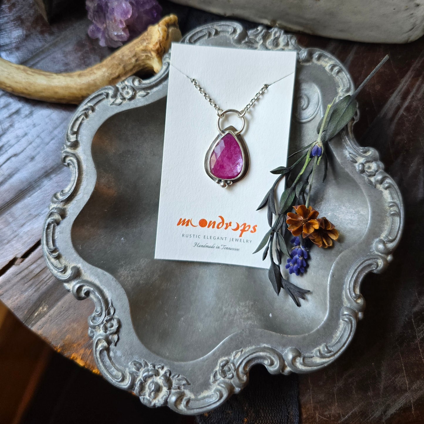 RUBY Necklace | Silky Sheen Rose Cut Faceted Natural Untreated Genuine 925 Sterling Silver Ruby Pendant Necklace