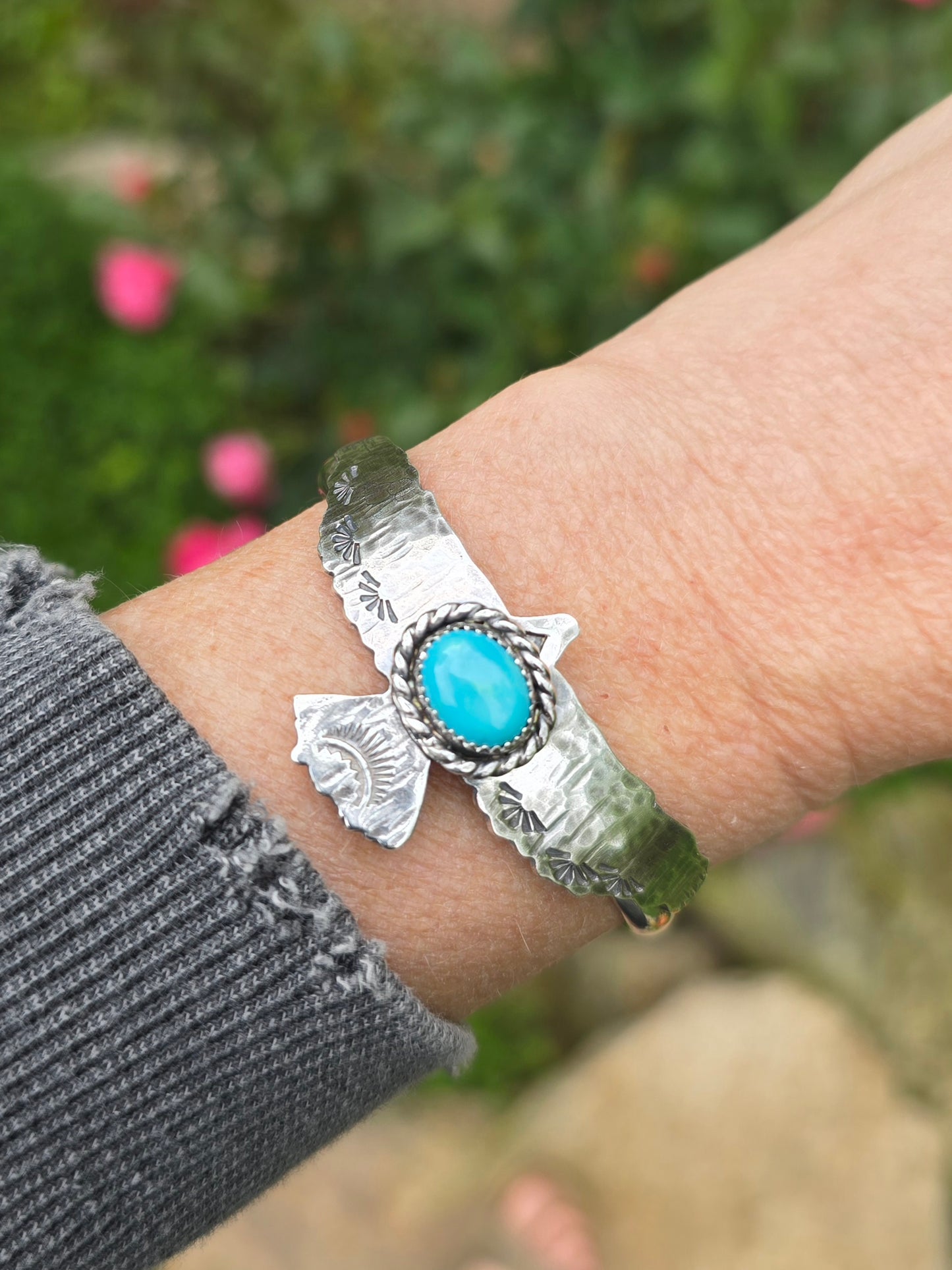 TURQUOISE HAWK Bracelet | Handcrafted 925 Sterling Silver Kingman Arizona Turquoise Native American Bird Tribal Cuff Bracelet