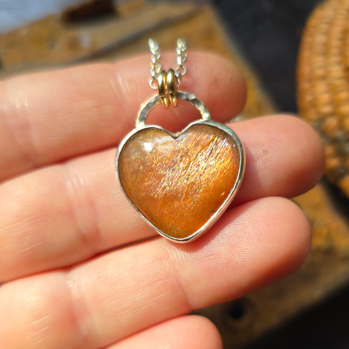 SUNSTONE HEART Necklace | Handcrafted Mixed Metal 925 Sterling Silver & 14k Gold Filled Rainbow Lattice Sparkling Sunstone Heart Pendant
