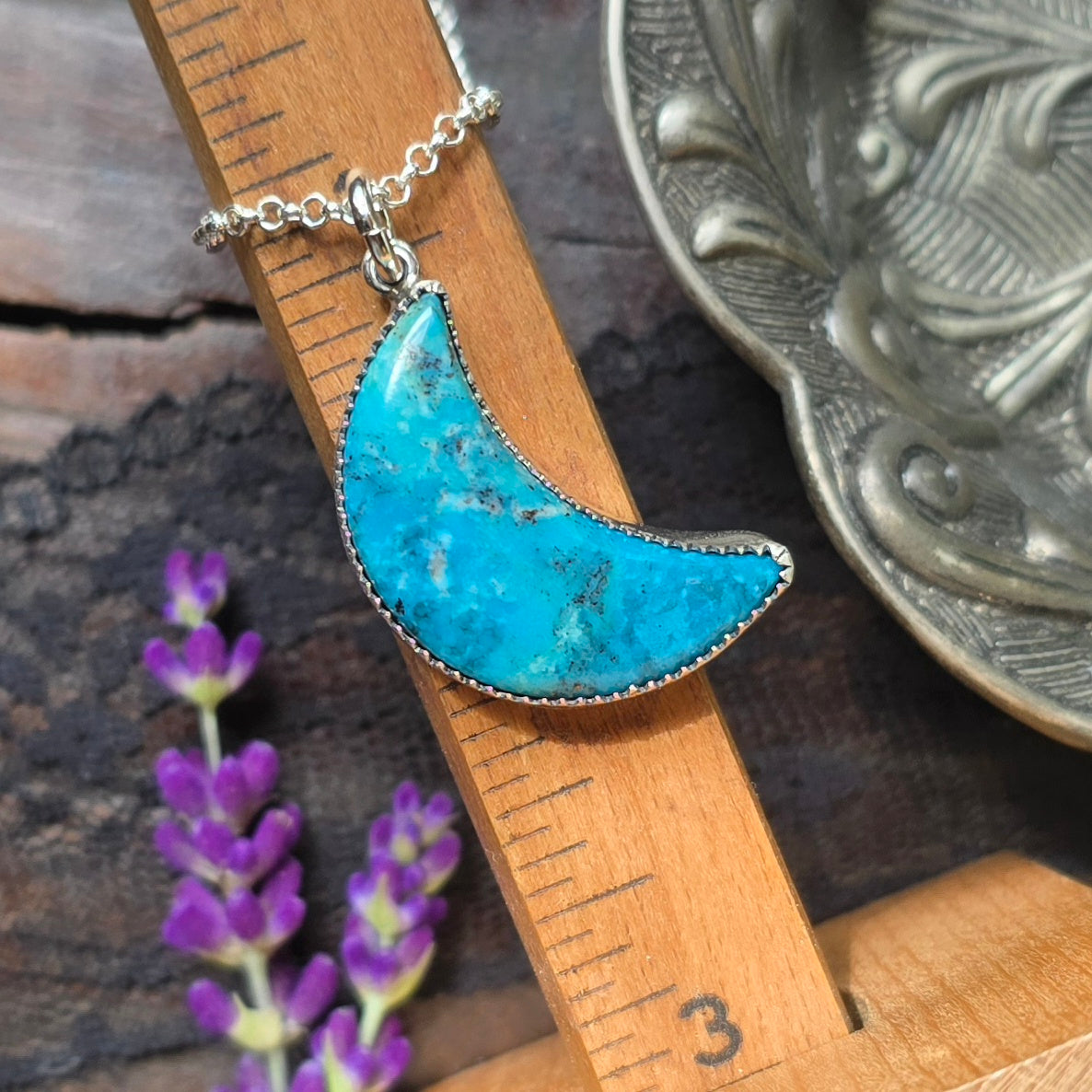 TURQUOISE CRESCENT MOON Necklace | Handcrafted 925 Sterling Silver Natural Untreated Kingman Arizona American Earth Mined Turquoise Pendant