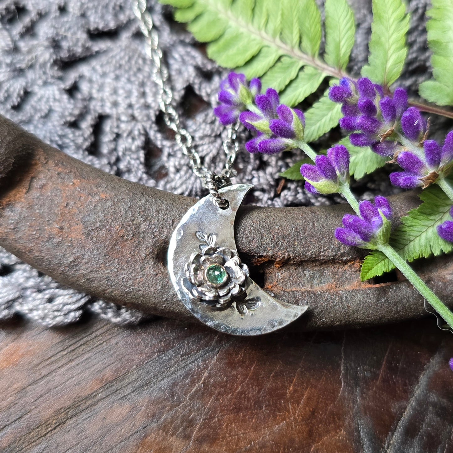 EMERALD Floral Crescent Necklace | 925 Sterling Silver Handcrafted Crescent Moon Flower Pendant Necklace