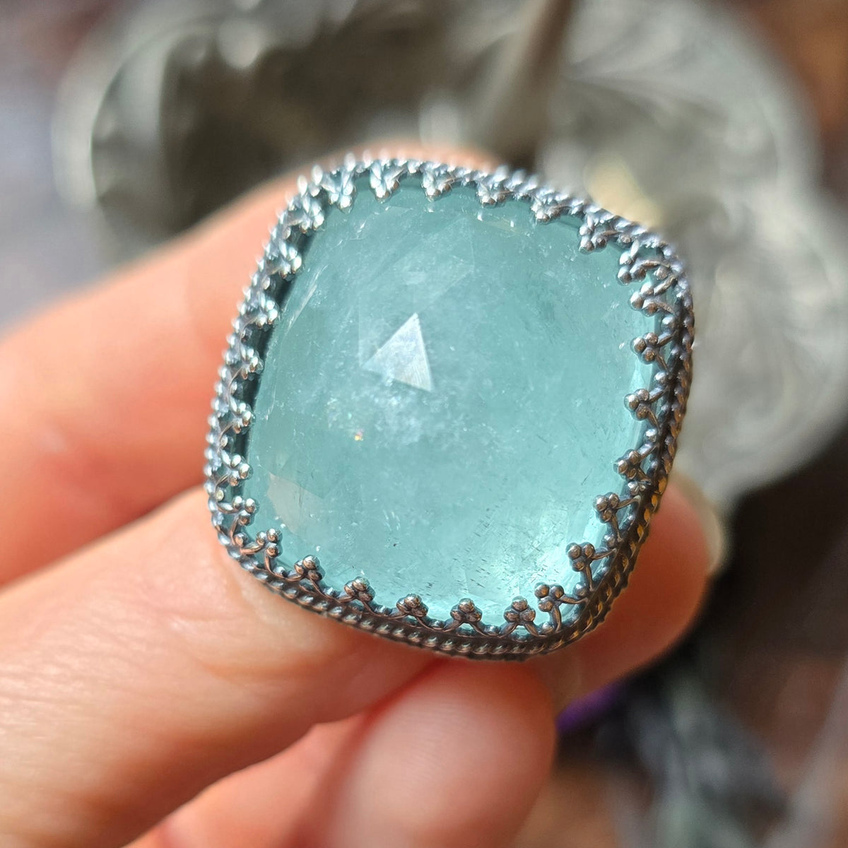 AQUAMARINE Ring | 62 Cts Handcrafted 925 Sterling Silver Large Rose Cushion Cut Faceted Blue Beryl Square High Profile Cocktail Statement
