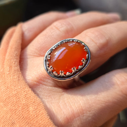 CARNELIAN Ring | Precious 925 Sterling Silver Natural Orange 11 Carat Carnelian Ring Scalloped Swag Fancy Bezel