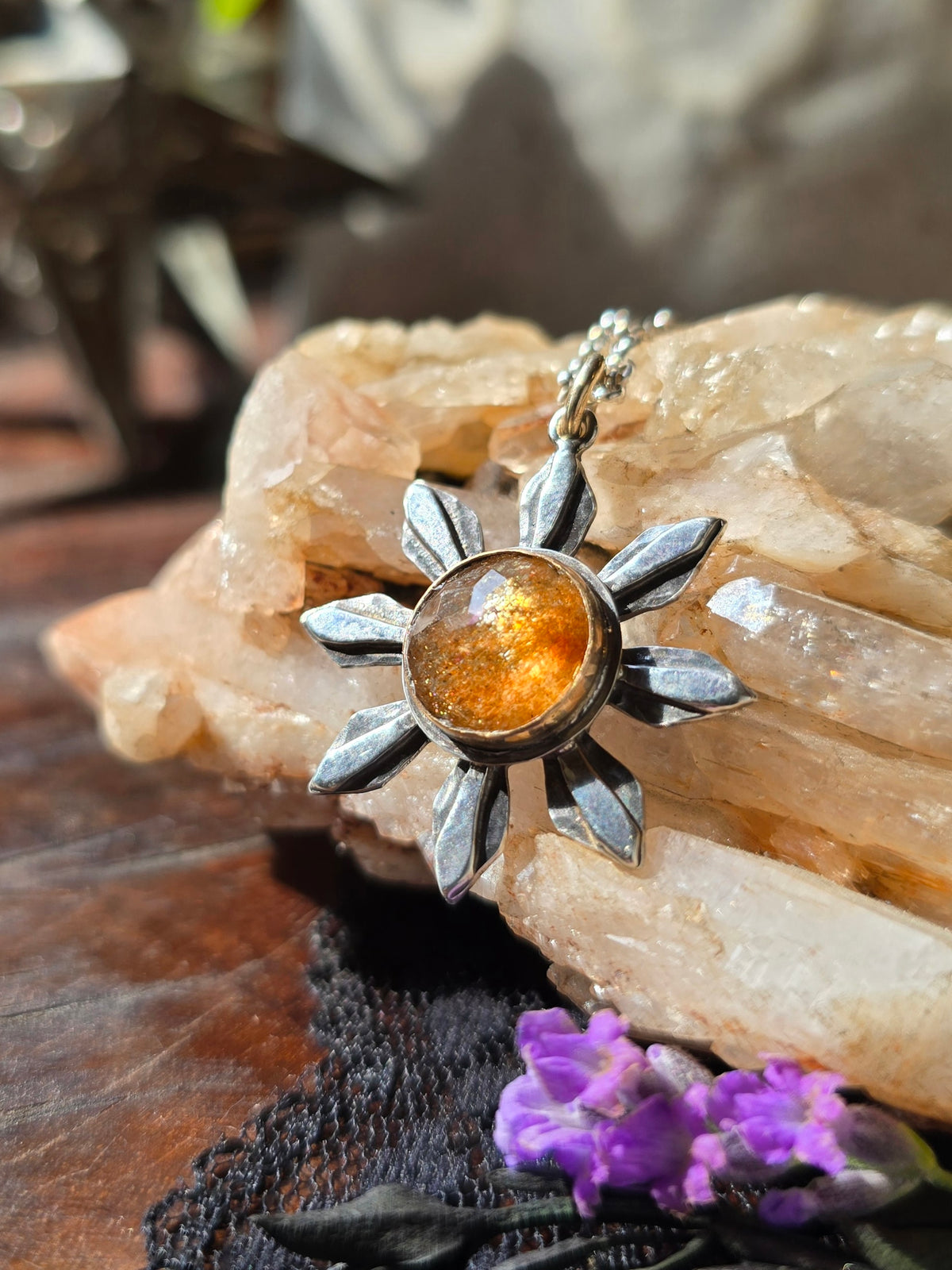 SUNSTONE SUN Necklace | Handcrafted Mixed Metal 925 Sterling Silver & 14k Gold Filled Golden Reflective Schiller Sparkling Sunstone