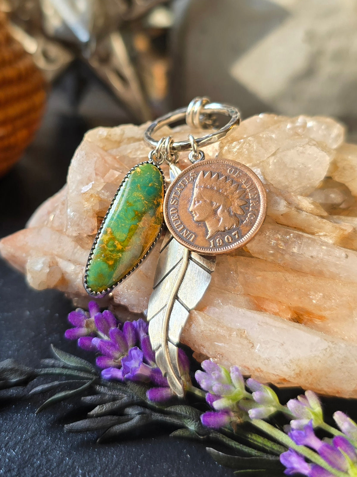 TURQUOISE INDIAN FEATHER Charm Necklace | Hancrafted Sterling Silver Stone Mountain Geniune Crescent Moon Turquoise Authentic Copper 1907