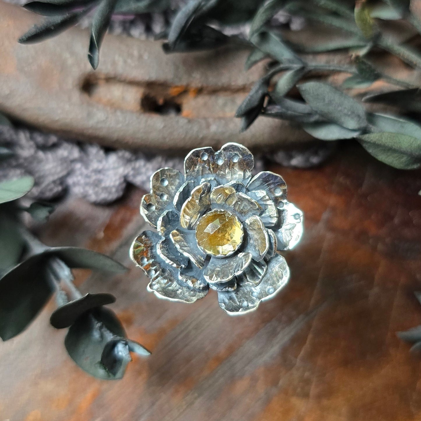 CITRINE FLOWER Ring | 925 Sterling Silver Rose Cut Citrine Large Flower Antique Oxidized Statement Ring