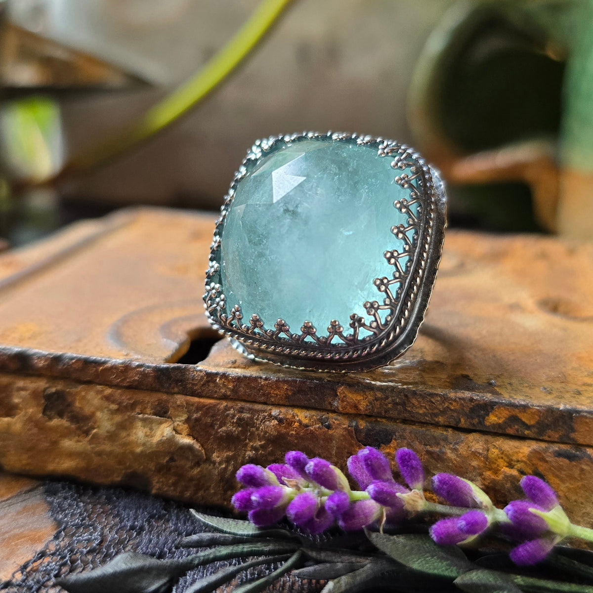 AQUAMARINE Ring | 62 Cts Handcrafted 925 Sterling Silver Large Rose Cushion Cut Faceted Blue Beryl Square High Profile Cocktail Statement