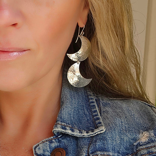 CRESCENT MOON Dangle Earrings  | 925 Sterling Silver Double Crescent Textured Hammered Moon Dangle Earrings