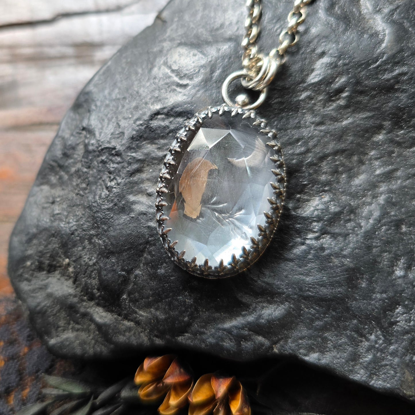 QUARTZ RAVEN CRESCENT Pendant Necklace | 925 Sterling Silver Rose Cut Faceted Natural Clear Crystal Quartz Large Fleur-De-Lis Gallery Bezel