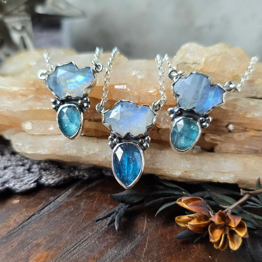 MOONSTONE KYANITE RAINCLOUD Necklace | Fine & 925 Sterling Silver Faceted Rose Cut Moonstone Cloud Blue Kyanite Rain Drop Pendant Necklace